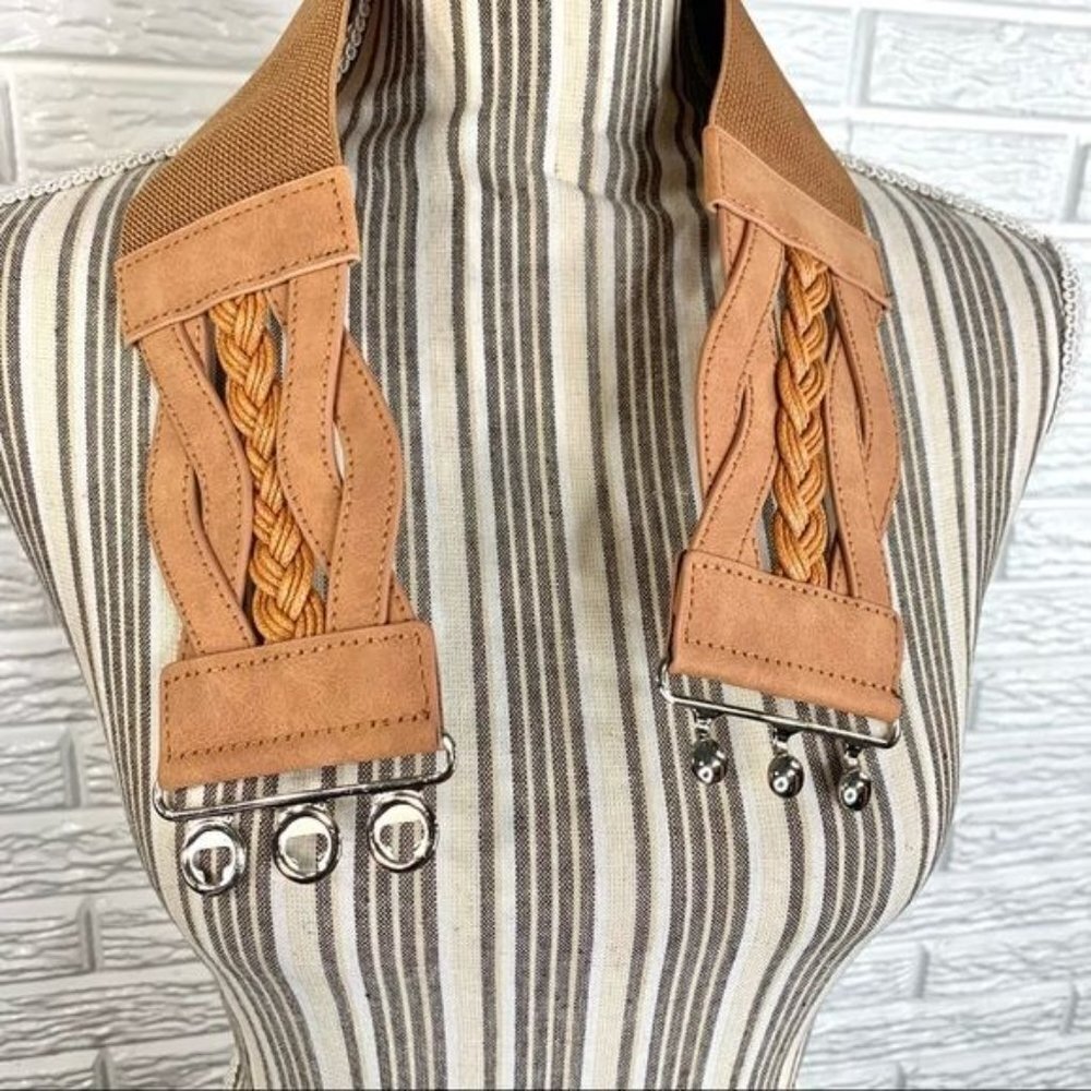 Wide Tan Elastic Belt Braided Faux Leather Front - Picture 7 of 7